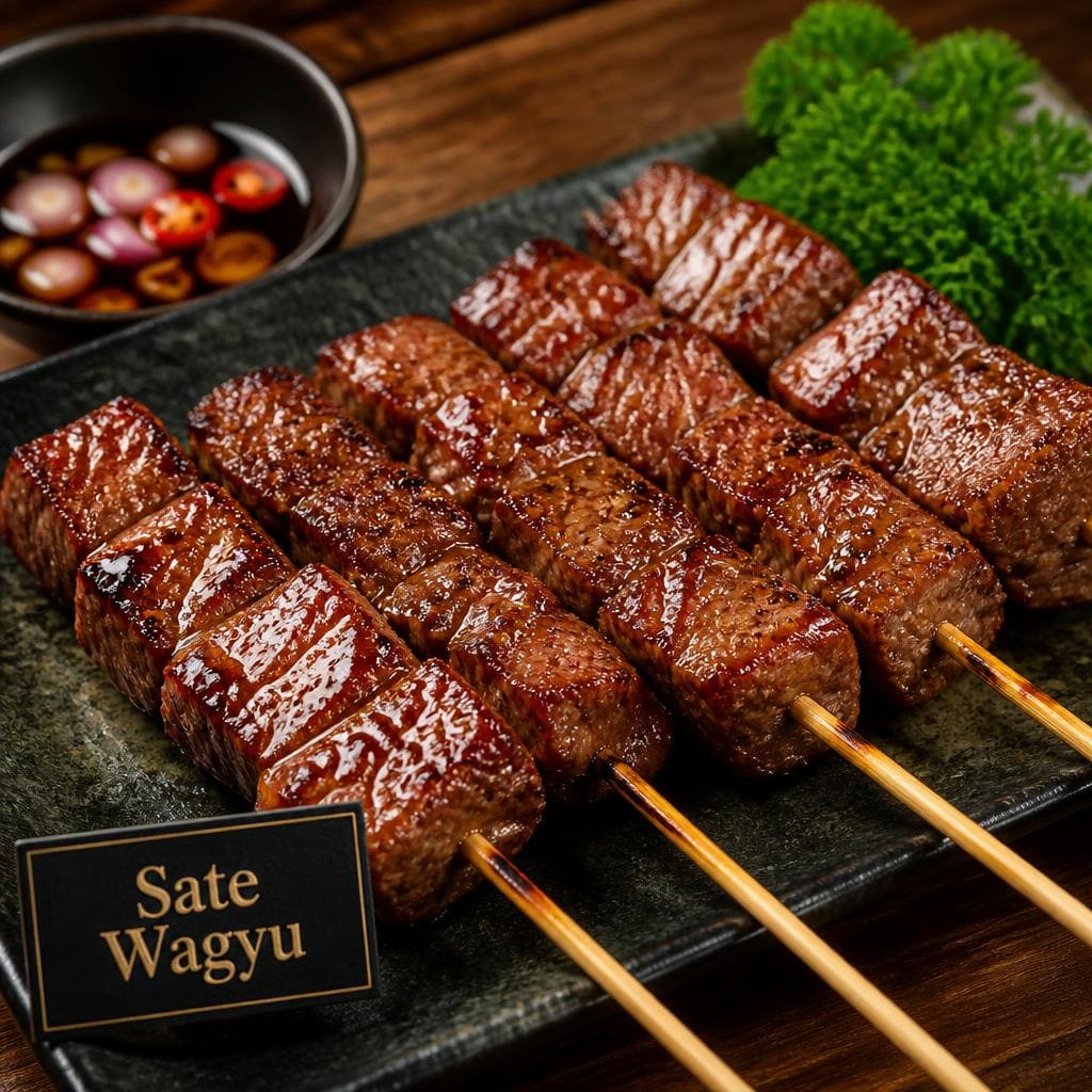 Sate Wagyu Te Sate dengan daging wagyu lembut dan cita rasa gurih